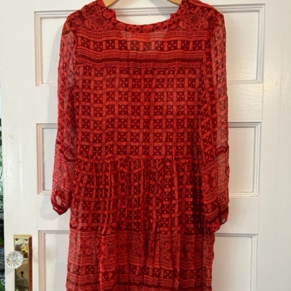 Anthropologie. Maeve. Red Printed Long-Sleeve Tiered Dress - Picture 3 of 15
